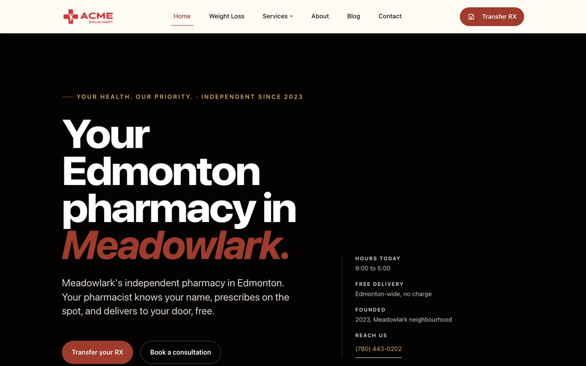 Homepage of acmedrugmart.com, an independent pharmacy in west Edmonton whose website SEO and social media OnePoint runs