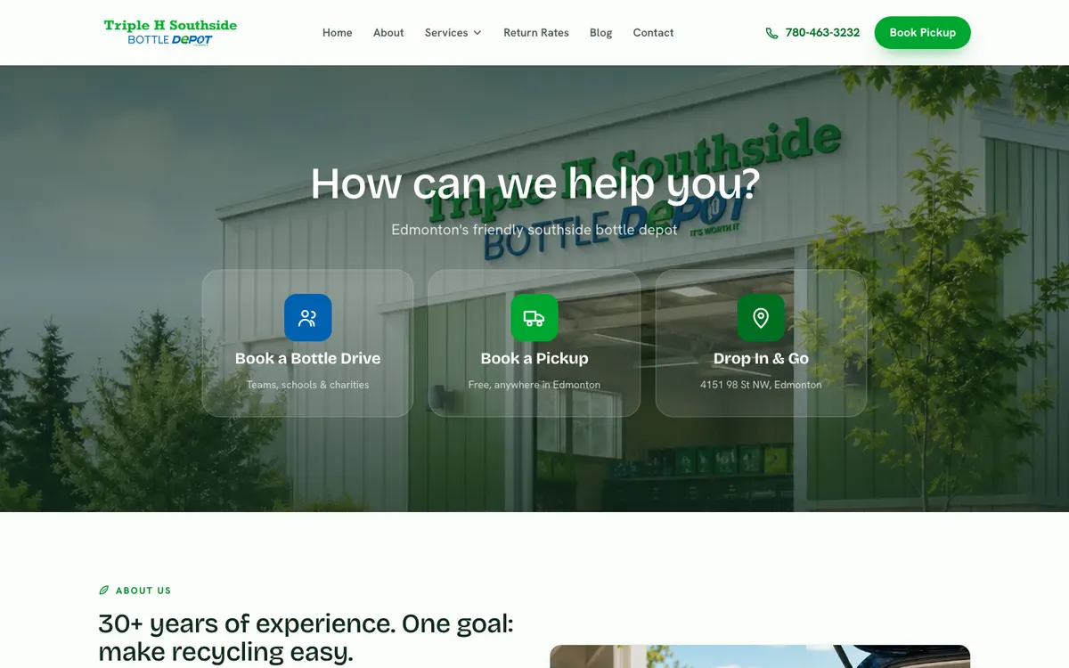 Homepage of edmontonbottledepot.com, a south Edmonton bottle depot website with online pickup booking built by OnePoint