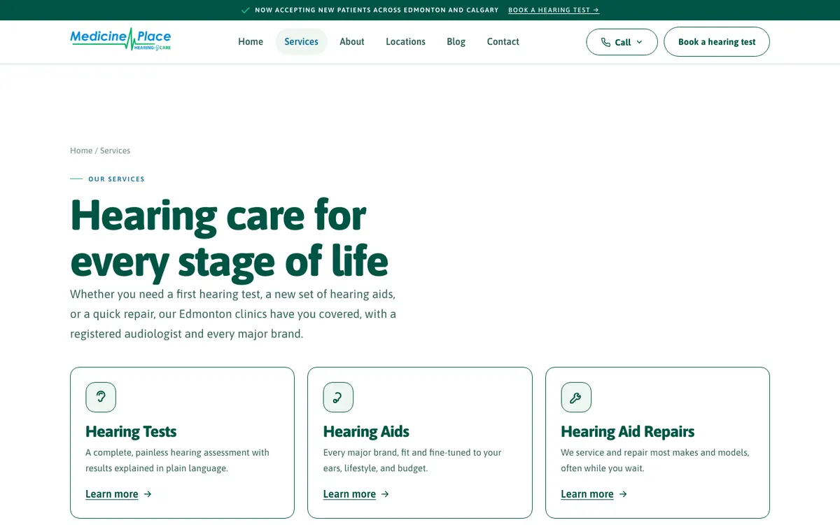 Services page of medicineplacehearing.ca, a hearing clinic website for Edmonton and Calgary built by OnePoint