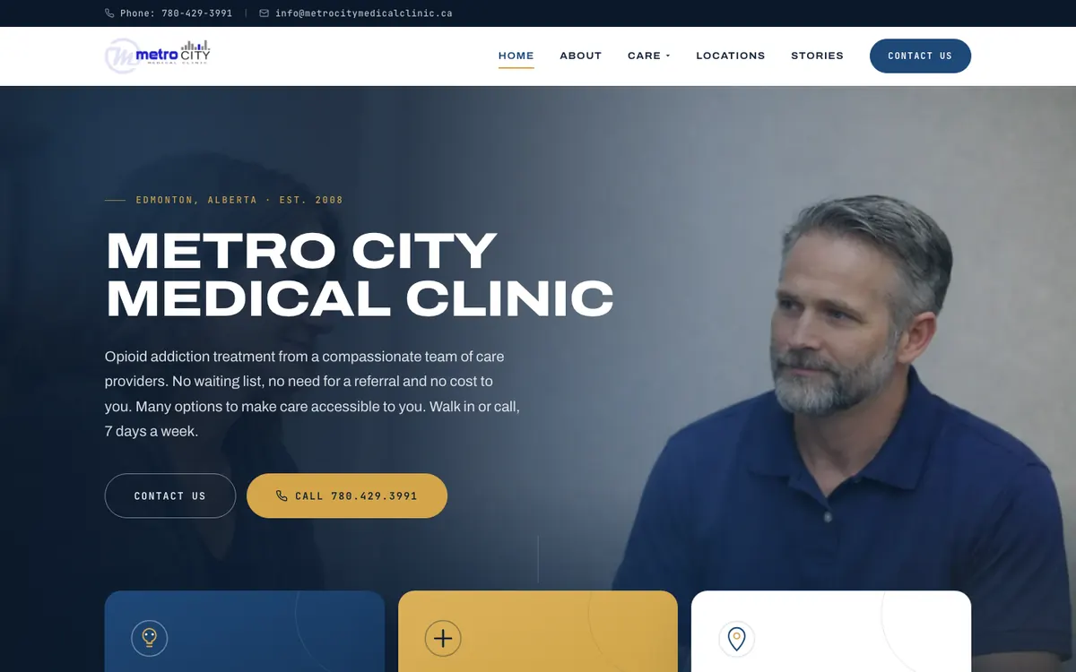 Homepage of metrocitymedicalclinic.ca, a medical clinic website for Edmonton and Calgary built by OnePoint