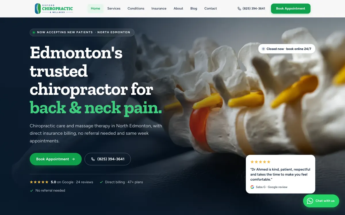 Homepage of oxfordchiropractic.ca, a chiropractic and massage clinic website in north Edmonton built by OnePoint