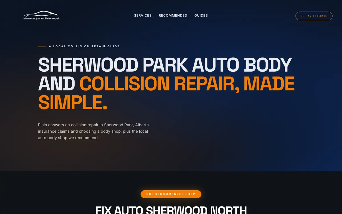 Homepage of sherwoodparkcollisionrepair.ca, a Sherwood Park auto body and collision repair guide website built by OnePoint