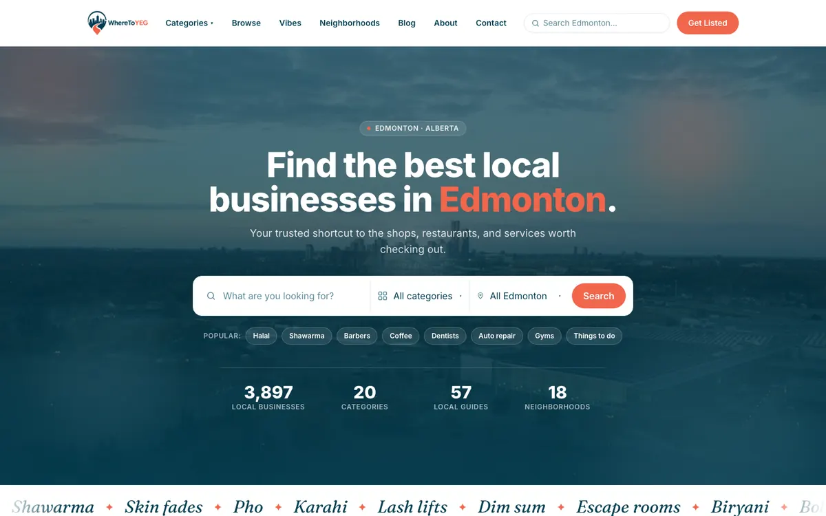 Homepage of wheretoyeg.ca, an Edmonton local business directory built and run by OnePoint